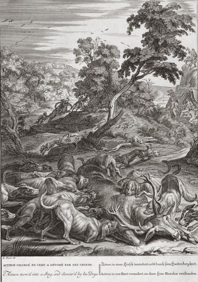 Actaeon förvandlades till en hjort och slukade av sina hundar 1731 av Bernard Picart