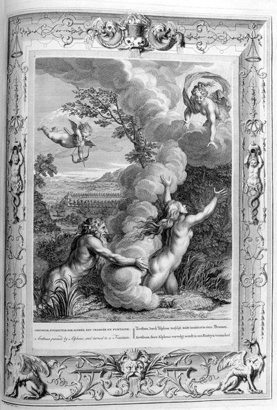Arethusa förföljdes av Alpheus och förvandlades till en fontän, 1733 av Bernard Picart