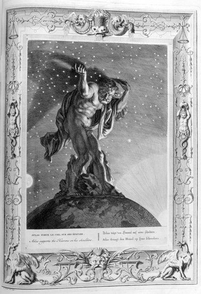 Atlas stöder himlen på sina axlar, 1733 av Bernard Picart