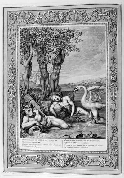 Cygnus förvandlades till en svan och Phaetons systrar till poppel, 1733 av Bernard Picart