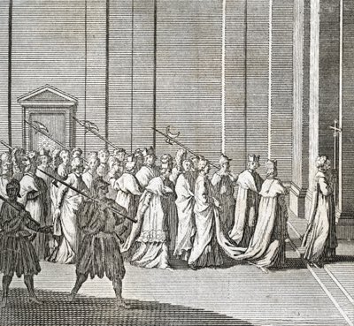 Olika stadier av konklaven, möte för kardinaler för val av en ny påve: kardinalernas inträde i det sixtinska kapellet (Vatikanen: kardinalernas ingång) Gravyr från "Illustration av ceremonier och religiösa seder hos alla folk av Bernard Picart