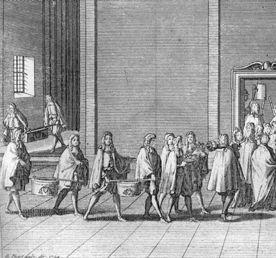 Olika stadier av konklaven, möte med kardinalerna för val av en ny påve: ransonerna görs under konklaven (Vatikanen: ankomst av mat under konklaven) Gravyr från "" Illustration av religiösa ceremonier och seder för alla människor av Bernard Picart