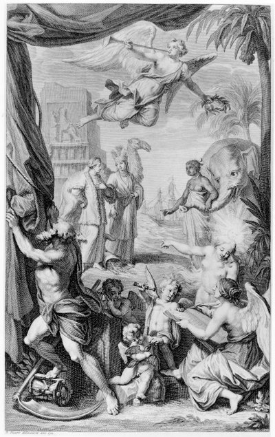 Frontispice till resor...genom Muscovy, Persien och Ostindien, 1718 av Bernard Picart