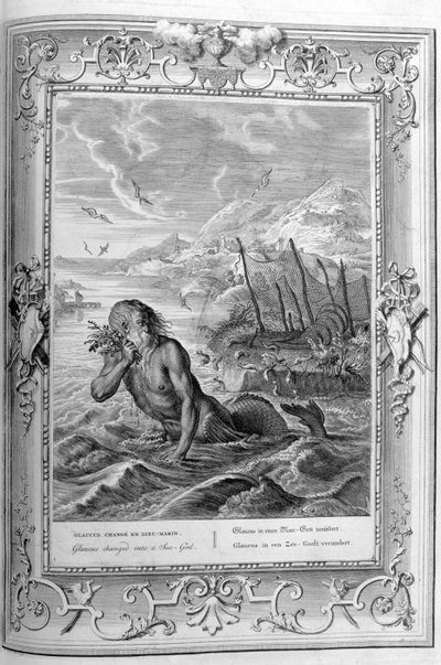 Glaucus förvandlas från människa till havsgud (gravyr) av Bernard Picart