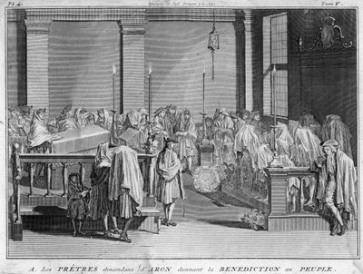 Israels överstepräst tillhörande de judiska prästerliga familjerna som spårar sin faderslinje tillbaka till Aron ger sin välsignelse till det judiska folket Gravyr från "" Illustration de ceremonies et customs religieuses de tous les peuples du monde"" av  av Bernard Picart