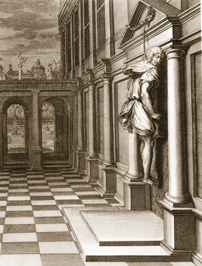 Iphis hänger sig i förtvivlan över att han inte kunde vinna Anaxarete, 1731 av Bernard Picart