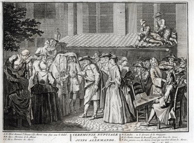 Judiskt bröllop i det judiska tyska samhället Gravyr från "" Illustration de ceremonies et customs religieuses de les peuples du monde" av Bernard Picart (1723-1743) 1819 Privat samling av Bernard Picart