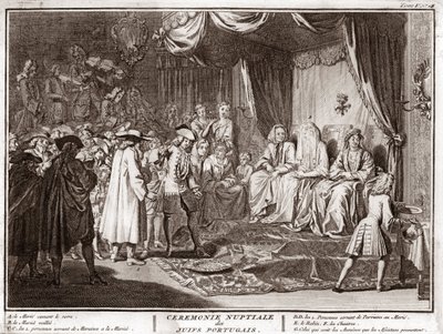 Judiskt bröllop i det judiska portugisiska samhället Gravyr från "" Illustration av ceremonier och religiösa seder hos alla världens folk"" av Bernard Picart (1723-1743) 1819 Privat samling av Bernard Picart