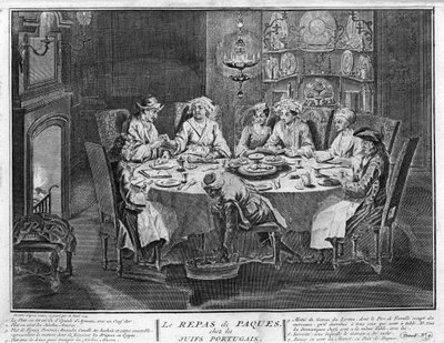 Judendom: Påskfest (eller pesach) i det judiska portugisiska samhället Gravyr från "" Illustration de ceremonies et customs religieuses de tous les peuples du monde"" av Bernard Picart (1723-1743) 1819 Privat samling av Bernard Picart