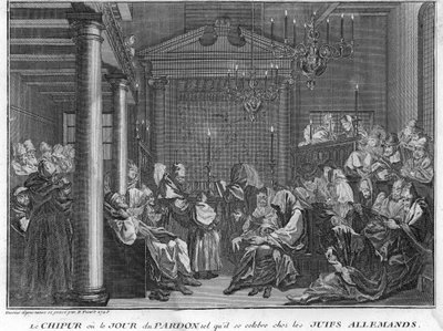 Judendom: Chipurs högtid bland tyska judar (Yom Kippur, försoningsdagen för det judiska folket) Gravyr från "Illustration av ceremonier och religiösa seder för alla världens folk" av Bernard Picart (1723-1743) 1819 Privat samling av Bernard Picart