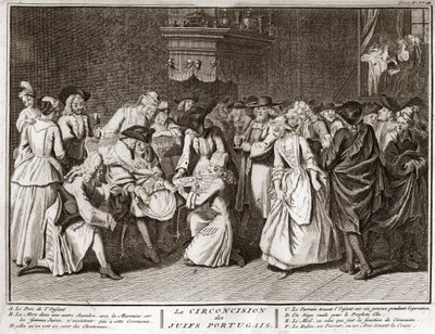Judendom: omskärelseceremoni i det judiska portugisiska samfundet Gravyr från "" Illustration av ceremonier och religiösa seder hos alla världens folk"" av Bernard Picart (1723-1743) 1819 Privat samling av Bernard Picart