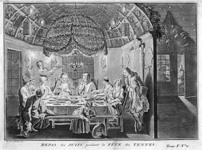 Judendom: måltid för det judiska folket under sukkot (sukkot eller sukkos) fest för tabernaklena eller båsen) Gravyr från "" Illustration de ceremonies et customs religieuses de tous les peuples du monde" av Bernard Picart (1723-1743) 1819 Privat samling av Bernard Picart