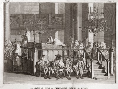 Judendom: ljudet av hornet på årets första dag ((ljudet av schofar a Rosch ha-schana) (judisk nyårsfest: blåser i shofarhornet på Rosh Hashana) Gravyr från "" Illustration av religiösa ceremonier och alla folks seder av Bernard Picart