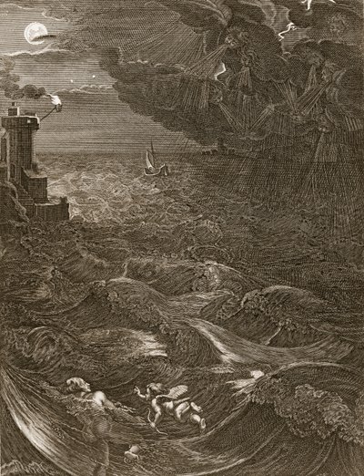 Leander simmar över Hellesponten för att träffa sin älskarinna hjälte, 1730 av Bernard Picart