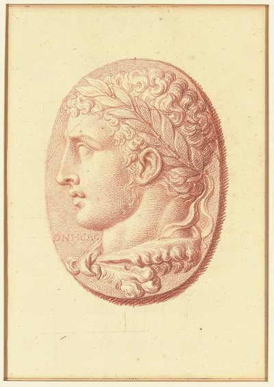 En av fyra studier efter cameos, tre med klassiska profilporträtt och en med en fragmentarisk relief av Amor och två lejon som ritar en vagn (röd krita på papper) av Bernard Picart