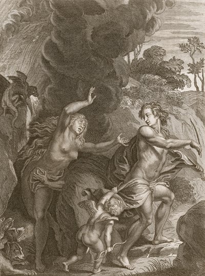 Orfeus, som leder Eurydike ut ur helvetet, ser tillbaka på henne och förlorar henne för alltid, 1731 av Bernard Picart