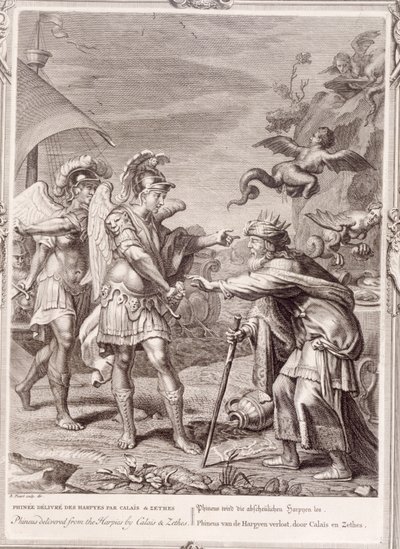 Phineus befrias från Harpies av Calais och Zethes, 1731 av Bernard Picart