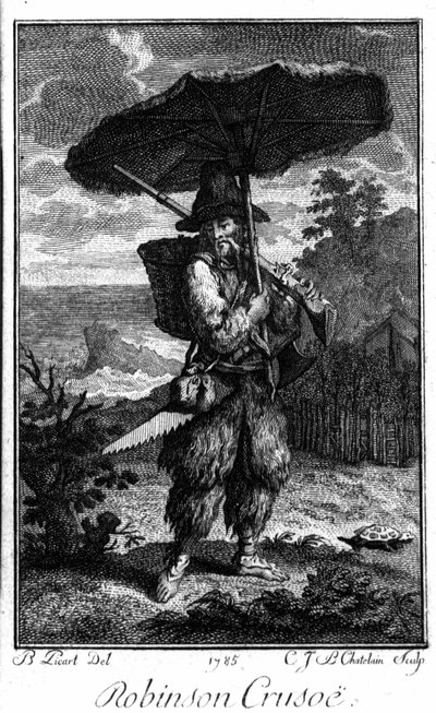 Representation av Robinson Crusoe på hans ööken. Gravyr av Bernard Picart (1673-1733) som illustrerar romanen av Daniel Defoe eller De Foe (1660-1731) av Bernard Picart