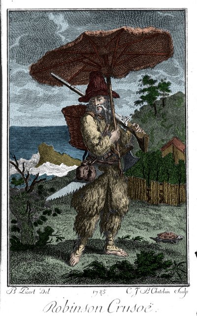 Representation av Robinson Crusoe på hans ööken. Gravyr av Bernard Picart (1673-1733) som illustrerar romanen av Daniel Defoe eller De Foe (1660-1731) av Bernard Picart
