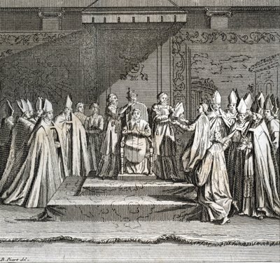 Högtidlig invigning av pontificatet "" Representation du coronation du pope"" (påvlig invigning: påvens kröning) Gravyr från "" Illustration av ceremonier och religiösa seder hos alla världens folk"" av Bernard Picart (1723-1743) av Bernard Picart