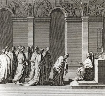 Högtidlig invigning av påven: "" Tillbedjan av påven i Sixtinska kapellet"" (Påvlig invigning: Tillbedjan av påven i Sixtinska kapellet) Gravyr från "" Illustration av ceremonier och religiösa seder hos alla världens folk"" av Bernard Picart