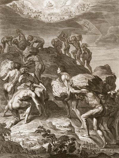 Jättarna försöker skala himlen genom att stapla berg på en annan, 1731 av Bernard Picart