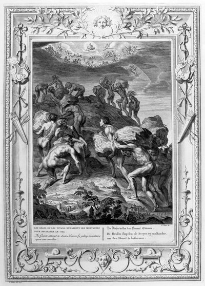 Jättarna försöker ta sig till himlen genom att stapla berg på varandra, 1733 av Bernard Picart