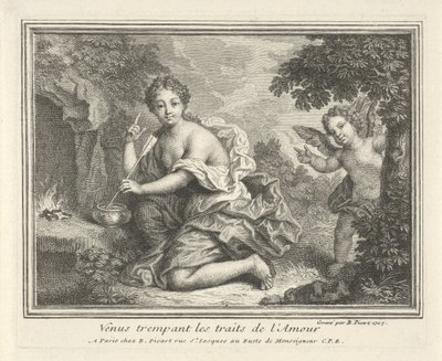 Venus möttes av pijlen van Amor Venus blötlägger kärlekens drag (titel på objekt) av Bernard Picart