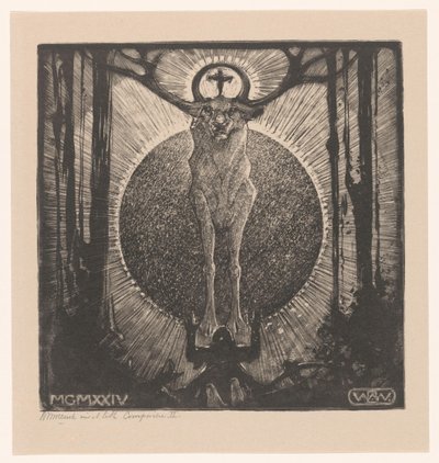 Knästående figur framför utseendet på ett rådjur The Vision of St. Hubertus (Composition II) (originaltitel) av Bernard Willem Wierink (signed by artist)
