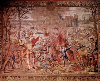 Maximiliens jakter kallade "Beautiful hunts of Guise": januari månad, Vattumannen, vildsvinsjakt, flambee, kure - Gobeläng tillverkad i de flamländska verkstäderna av Bernard van Orley (Barend, Barent, Bernaert van Brussel av Bernard van (after) Orley