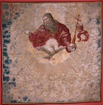 flamländsk gobeläng. Serien Dais of Charles V (Baldachin of Margaret of Austria). Gud Fadern och den Helige Ande (El Padre Eterno y el Espíritu Santo). Gobeläng baldakin av läktaren. Modell Bernard van Orley (1491-1542). Tillverkning Pieter de Pannemaker, av Bernard van Orley