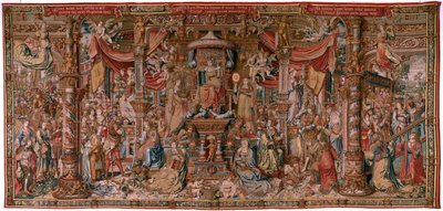 flamländsk gobeläng. Serien The Honours. Tro (La Fe). Första gobelängen i serien. Modelltecknare från Bernard van Orleys och Jan Gossaerts krets (Mabuse). Tillverkning Pieter van Aelst, Bryssel. Ca 1550. Tyg Guld, silver, siden och ull. av Bernard van Orley