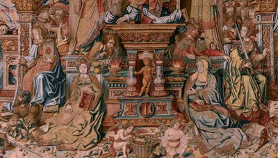 flamländsk gobeläng. Serien The Honours. Tro (La Fe). Första gobelängen i serien. Modelltecknare från Bernard van Orleys och Jan Gossaerts krets (Mabuse). Tillverkning Pieter van Aelst, Bryssel. Ca 1550. Tyg Guld, silver, siden och ull. av Bernard van Orley