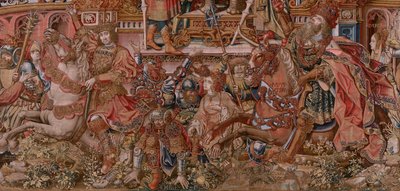 flamländsk gobeläng. Serien The Honours. Fame (La Fama). Tredje tapeten i serien. Modelltecknare från Bernard van Orleys och Jan Gossaerts krets (Mabuse). Tillverkning Pieter van Aelst, Bryssel. Ca 1550. Tyg Guld, silver, siden och ull. av Bernard van Orley