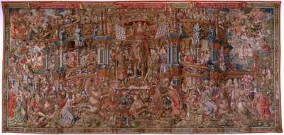 flamländsk gobeläng. Serien The Honours. Fame (La Fama). Tredje gobelängen i serien. Modelltecknare från Bernard van Orleys och Jan Gossaerts krets (Mabuse). Tillverkning Pieter van Aelst, Bryssel. Ca 1550. Tyg Guld, silver, siden och ull. av Bernard van Orley