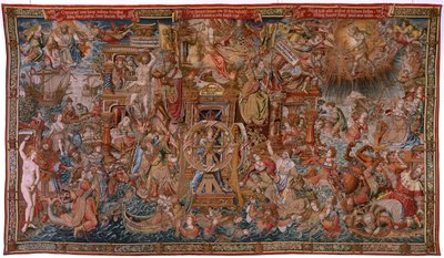 flamländsk gobeläng. Serien The Honours. Fortune, The Way to the Honors (La Fortuna, Camino de los Honores). Femte gobeläng i serien. Modelltecknare från Bernard van Orleys och Jan Gossaert de Mabuses krets. Tillverkning Pieter van Aelst, Brusse av Bernard van Orley