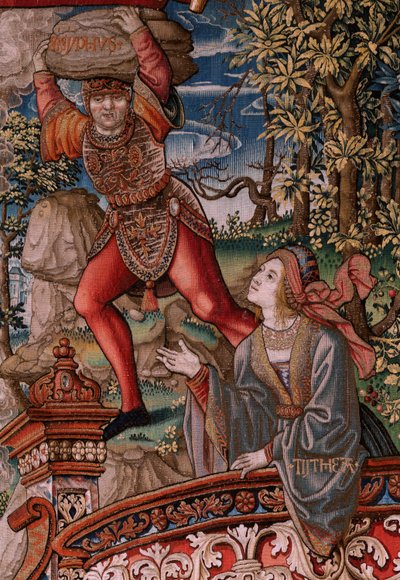 flamländsk gobeläng. Serien The Honours. Rättvisa (La Justicia, Los Honores). Nionde gobeläng i serien. Modelltecknare från Bernard van Orleys och Jan Gossaerts krets (Mabuse). Tillverkning Pieter van Aelst, Bryssel. Ca 1550. Tyg Guld, silver, av Bernard van Orley
