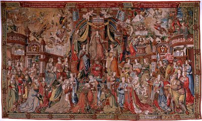 flamländsk gobeläng. Serien The Honours. Rättvisa (La Justicia, Los Honores). Nionde gobeläng i serien. Modelltecknare från Bernard van Orleys och Jan Gossaerts krets (Mabuse). Tillverkning Pieter van Aelst, Bryssel. Ca 1550. Tyg Guld, silver, av Bernard van Orley