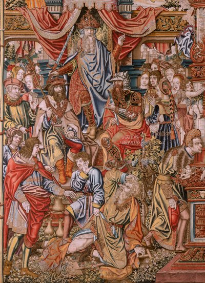 flamländsk gobeläng. Serien The Honours; Adel (La Nobleza). Fjärde gobelängen i serien. Modelltecknare från Bernard van Orleys och Jan Gossaerts krets (Mabuse). Tillverkning Pieter van Aelst, Bryssel. Ca 1550. Tyg Guld, silver, siden och woo av Bernard van Orley
