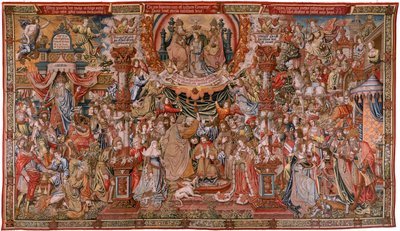 flamländsk gobeläng. Serien The Honours; Adel (La Nobleza). Fjärde gobelängen i serien. Modelltecknare från Bernard van Orleys och Jan Gossaerts krets (Mabuse). Tillverkning Pieter van Aelst, Bryssel. Ca 1550. Tyg Guld, silver, siden och woo av Bernard van Orley