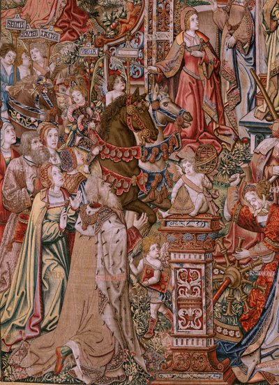 flamländsk gobeläng. Serien The Honours; Prudence (La Prudencia). Sjunde gobeläng i serien. Modelltecknare från Bernard van Orleys och Jan Gossaerts krets (Mabuse). Tillverkning Pieter van Aelst, Bryssel. Ca 1550. Tyg Guld, silver, siden och w av Bernard van Orley