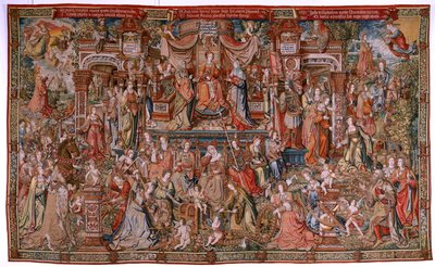 flamländsk gobeläng. Serien The Honours; Prudence (La Prudencia). Sjunde gobeläng i serien. Modelltecknare från Bernard van Orleys och Jan Gossaerts krets (Mabuse). Tillverkning Pieter van Aelst, Bryssel. Ca 1550. Tyg Guld, silver, siden och w av Bernard van Orley