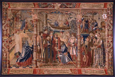 flamländsk gobeläng. Serie The Legend of the Madonna of the Sablon (The Legend of Our Lady of the Sablon). Madonnastatyn kommer till Sablon-kyrkan (Statyn av Vår Fru tas till Sablon-kyrkan, La Estatua de av Bernard van Orley