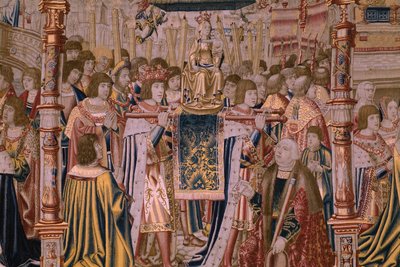 flamländsk gobeläng. Serie The Legend of the Madonna of the Sablon (The Legend of Our Lady of the Sablon). Ankomsten av statyn av Madonnan. Tillverkning i Bryssel. Serietecknaren Barend van Orley av Bernard van Orley