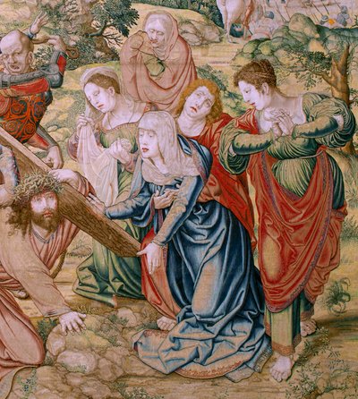 flamländsk gobeläng. Serien The Passion of Christ. Fall på väg till Golgata (Caída en el camino del Calvario). Andra gobeläng i serien. Modeller Tecknaren Bernard van Orley. Tillverkning Pieter de Pannemaker, Bryssel. Ca 1518-1523. Tyg guld, silver, av Bernard van Orley