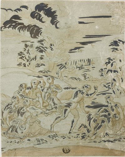 Pastoral scen: Män som jagar fåglar, par som sitter på marken av Bernard van Orley