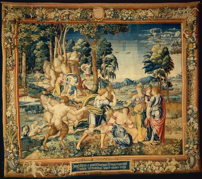 Pomona överraskad av Vertumnus och andra friare, från The Story of Vertumnus and Pomona av Bernard van Orley
