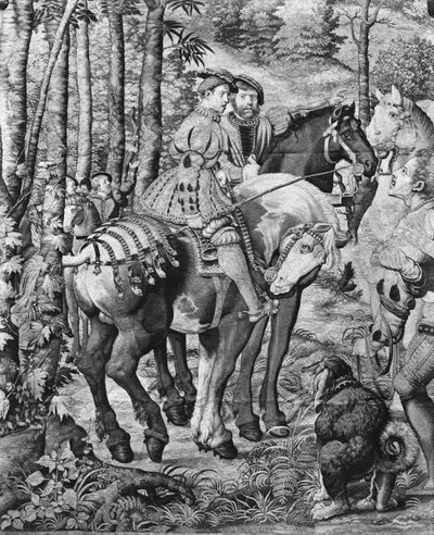 O le tuliga a Maximilian, Leo, The Stag Hunt, le Lipoti, Gobelins Factory (tapestry) swed av Bernard van Orley