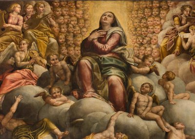 Apsid, altartavla av Bernardino Gatti kallad Il Sojaro kompletterad av Giovanni Battista Trotti kallad IL Malosso, Jungfruns antagande av Bernardino Gatti
