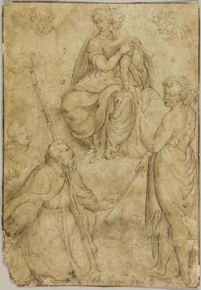 Sittande Jungfru Maria med barnet, biskopshelgon, klosterhelgon och Johannes Döparen av Bernardino Campi